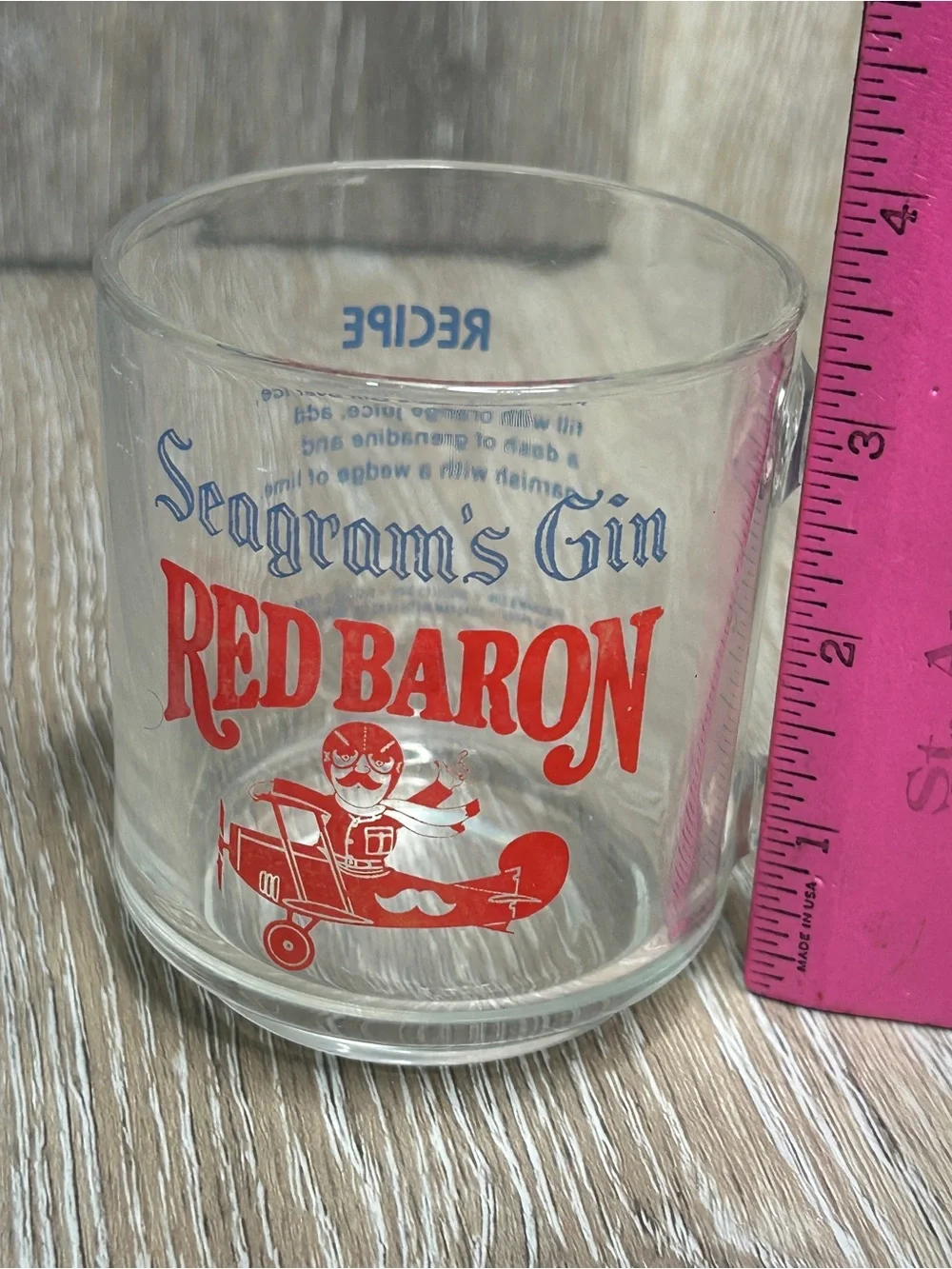 Vintage Seagram's Gin Red Baron Clear Glass Mug Cocktail Recipe Barware